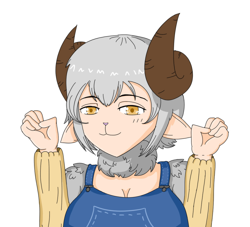 anthro caprine cleavage faun fur furry gray_fur horns humanoid merino merino_(monster_musume) merino_sheep monster_girl monster_musume monster_musume_no_iru_nichijou overalls ovine sheep yellow_eyes