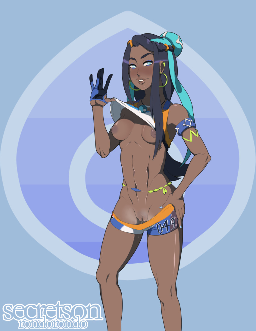 1girls abs areolae armpits artist_name belly blue_background blue_eyes blue_hair blush breasts breasts_out clitoris clothed clothing dark-skinned_female dark_skin earrings female female_only gym_leader hair half-closed_eyes hoop_earrings human long_hair muscular muscular_female navel nessa_(pokemon) nintendo nipples no_bra no_panties pokemon pokemon_ss pussy pussy_juice secretsecretson shirt shirt_lift shorts shorts_down shorts_pull small_breasts smell smile solo sweat text two_tone_hair uncensored undressing video_games watermark wet