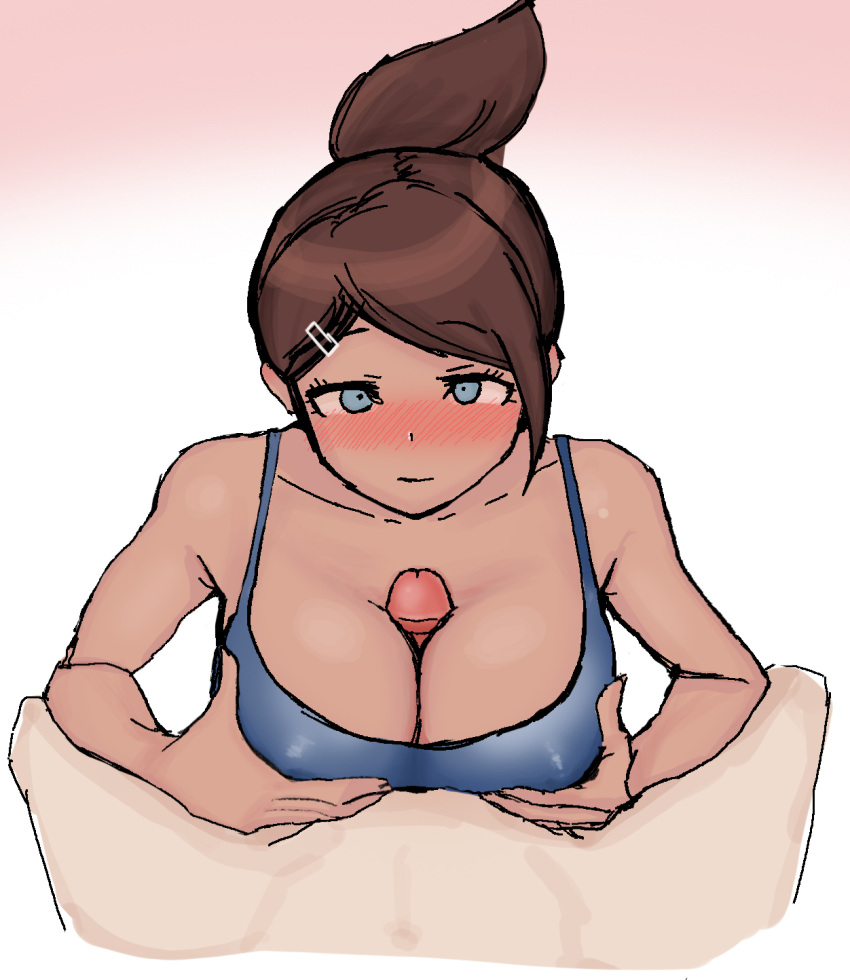 1boy alternate_version_available asahina_aoi breasts cleavage danganronpa danganronpa:_trigger_happy_havoc danganronpa_1 large_breasts paizuri paizuri_under_clothes seongkun straight straight_hair swimsuit unseen_male_face