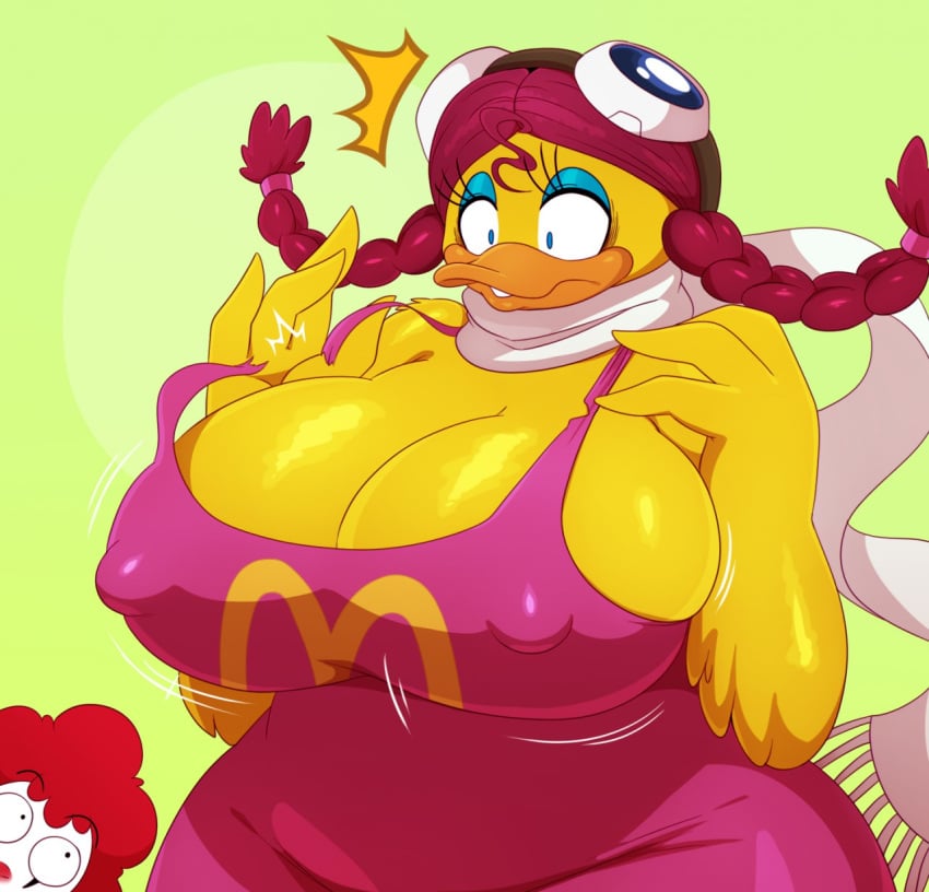 2015 2d 2d_(artwork) 2d_artwork anthro avian aviator_goggles big_breasts bird birdie_the_early_bird breasts cleavage clown curvy curvy_female curvy_figure digital_art digital_drawing_(artwork) digital_media_(artwork) furry furry_female human mascot mcdonald's overalls ronald_mcdonald scarf shocked shocked_expression sssonic2