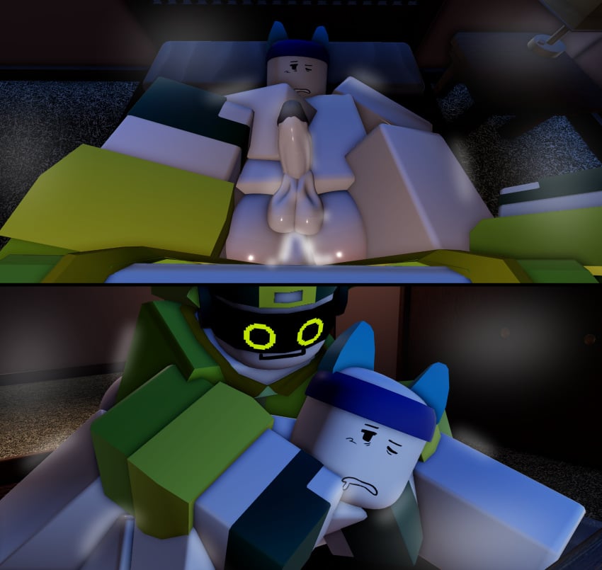 2boys 3d anal_sex bed bedroom boombox_(phighting) gay gloves hand_on_leg hand_on_mouth hat horns open_mouth phighting pov roblox roblox_game roblox_studio robloxian self_upload sex shirt slingshot_(phighting) tagme tagme_(artist)