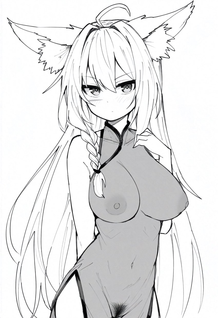 ahoge alternate_costume animal_ear_fluff animal_ears arknights arm_behind_back bare_shoulders braid breasts china_dress chinese_clothes closed_mouth commentary_request covered_collarbone covered_navel covered_nipples cowboy_shot dress female female_pubic_hair greyscale groin hair_between_eyes hair_intakes hand_on_own_shoulder hand_up highres large_breasts light_blush long_hair looking_at_viewer makigirisu monochrome pubic_hair pussy scar scar_on_cheek scar_on_face see-through_clothes see-through_dress simple_background sleeveless sleeveless_dress solo standing very_long_hair vulpisfoglia_(arknights) white_background