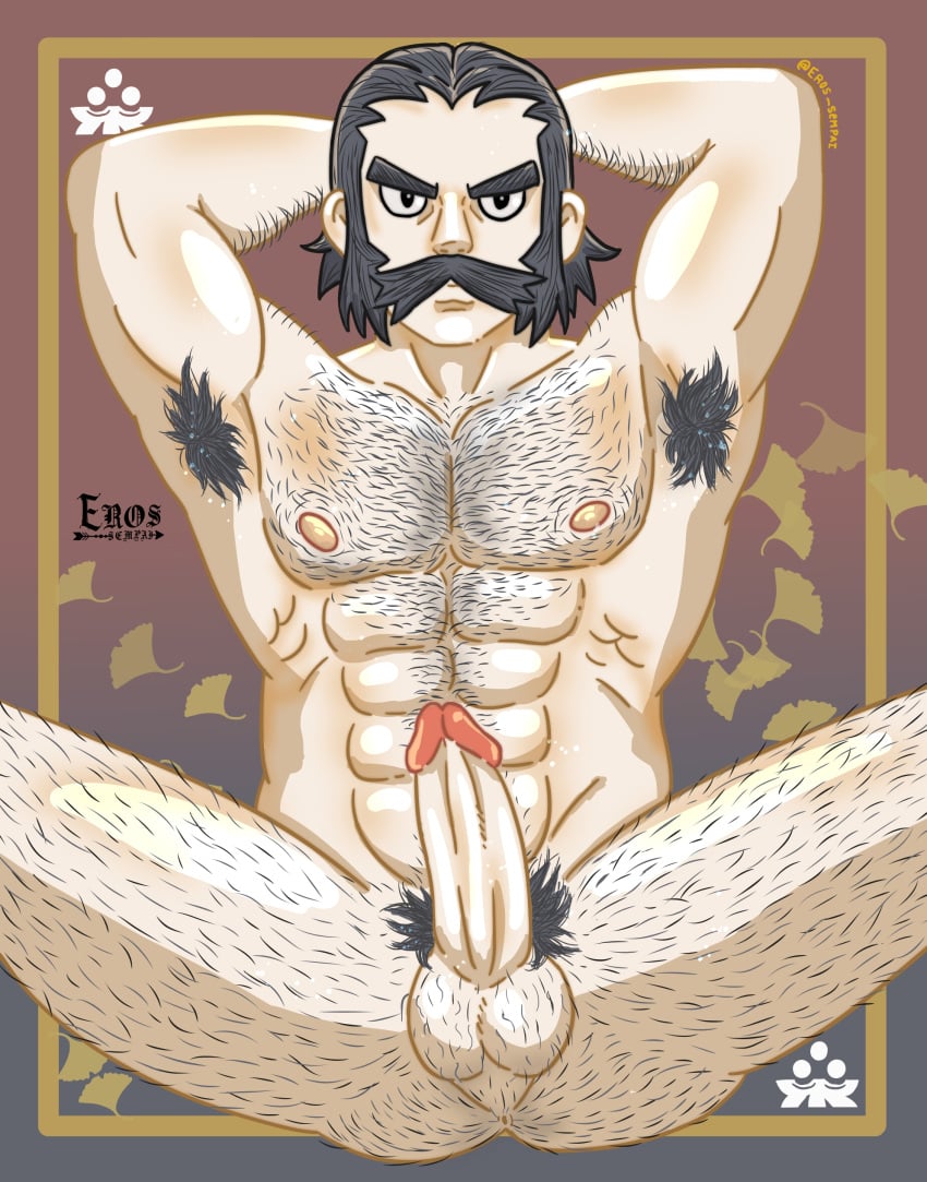 armpit armpit_hair armpits balls bara body_hair boner erection eros_sempai facial_hair hands_behind_head kamado_(pokemon) male male_only moustache muscles muscular nintendo nude penis pokemon pokemon_legends:_arceus solo solo_male spread_legs