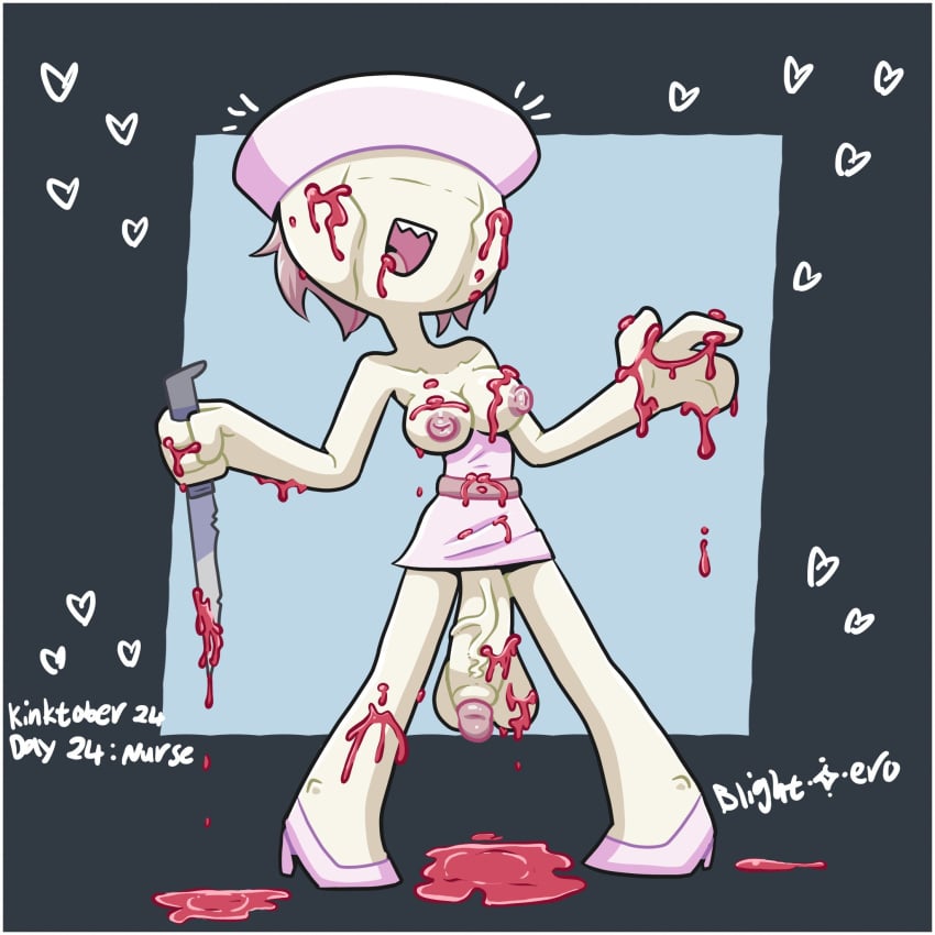 1futa 2d 2d_(artwork) bad_anatomy balls belt big_breasts blightstar blood blood_on_breasts blood_on_face blood_puddle blood_splatter breasts breasts_out bubble_head_nurse dress dripping english_text futa_only futanari heart heels horror inktober kinktober knife large_balls large_breasts large_penis no_eyes nurse nurse_(silent_hill) nurse_cap nurse_uniform penis sagging_balls sharp_teeth short_hair silent_hill_2 silent_hill_2_remake solo veiny_penis