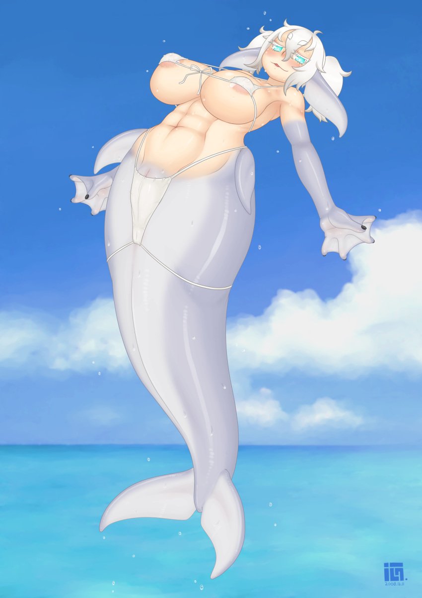 absurd_res anus_outline areola areola_slip beluga blue_eyes blue_sky cameltoe cetacean clothing cloud day delphinoid eyebrow_through_hair eyebrows female hair hi_res humanoid looking_at_viewer mammal marine mature_female membrane_(anatomy) merfolk monodontid namu_gunsou navel outdoors pink_areola pussy sky solo swimwear toothed_whale translucent translucent_hair water webbed_hands wet white_bikini white_clothing white_eyelashes white_hair white_pupils