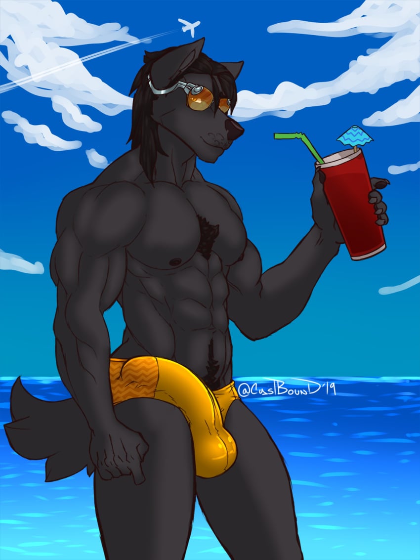 2019 beach beverage bulge canid canine canis castbound chest_tuft claws drink_umbrella erection eyewear furry highres long_hair male male_only mammal muscular muscular_male nipples penis_outline sea seaside solo speedo straw sunglasses swimwear tuft water william_(castbound) wolf