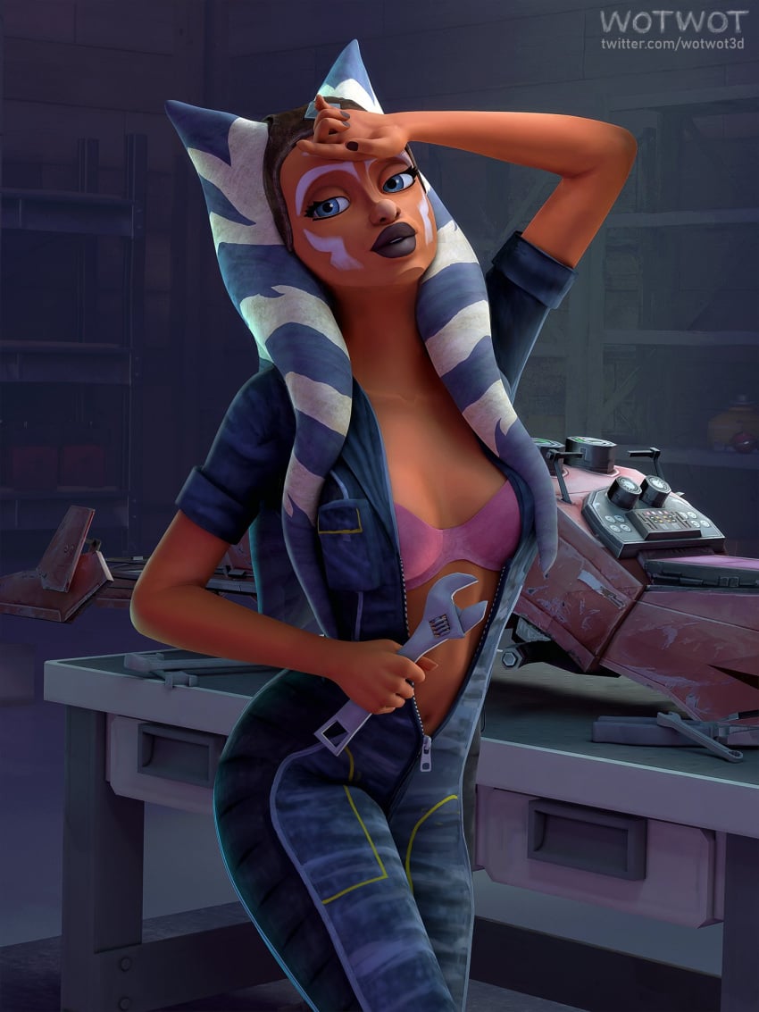 1girls 2024 3d 3d_(artwork) ahsoka_tano alien alien_girl alien_humanoid blender blue_eyes bra breasts cleavage clone_wars clothed clothing detailed_background face_markings facial_markings female female_focus female_only hi_res highres holding_object holding_wrench lekku lekku_(anatomy) looking_at_viewer lucasfilm medium_breasts open_clothes orange_body orange_skin pose posing presenting presenting_breasts small_breasts solo solo_focus star_wars the_clone_wars:_season_seven togruta underwear watermark wotwot3d