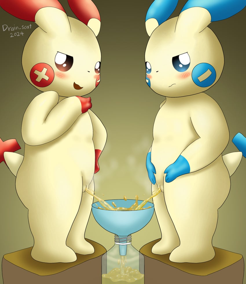 absurd_res anthro blue_body blue_eyes blush bodily_fluids bottle container drain_scat duo female funnel generation_3_pokemon genital_fluids genitals group hi_res looking_at_viewer minun multicolored_body multicolored_ears multicolored_tail nintendo nude open_mouth peeing peeing_together plusle pokemon pokemon_(species) pussy red_body red_eyes simple_background standing tail urinal urine urine_stream watersports