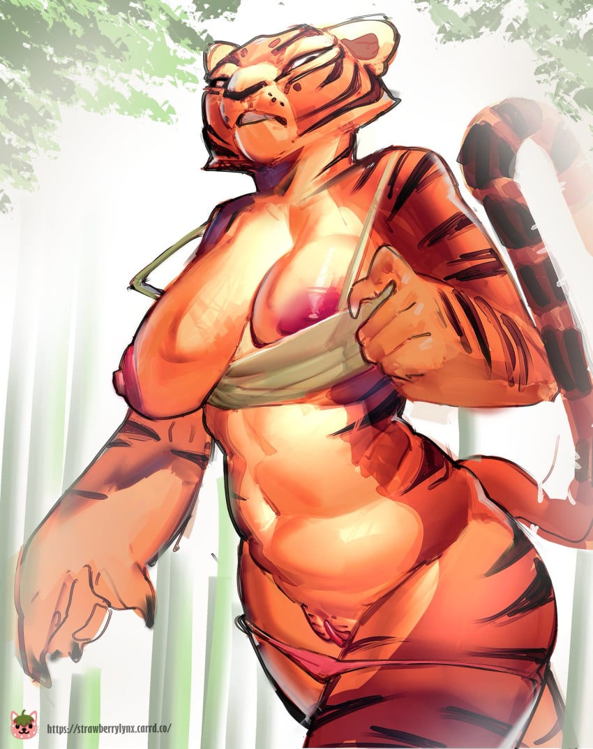 anthro areola bamboo big_breasts black_stripes bottomwear bra breasts clothed clothing digital_media_(artwork) dreamworks exposed_breasts felid female fur genitals hi_res humanoid_genitalia kung_fu_panda looking_at_viewer looking_down looking_down_at_viewer low-angle_view mammal master_tigress navel nipples nude one_breast_out orange_body orange_fur outside pantherine panties panties_down partially_clothed plant pussy simple_background sky solo strawberry_lynx striped_body striped_fur stripes tail tiger topwear underwear underwear_down undressing