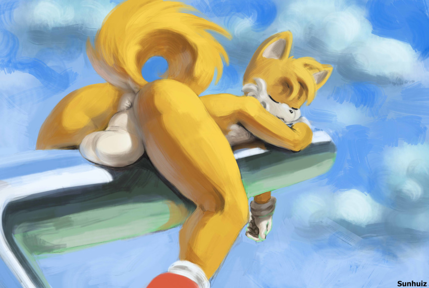 anthro anus backsack biped canid canine casual clothing exposed_torso fluffy fluffy_tail footwear fox fur furry gloves handwear highres long_tail male male_only mammal mostly_nude multicolored_fur nude orange_ears orange_fur orange_hair orange_tail perineum red_fox shoes short_hair sleeping solo sonic_(series) sunhuiz tails testicles two_tone_fur white_fur white_testicles