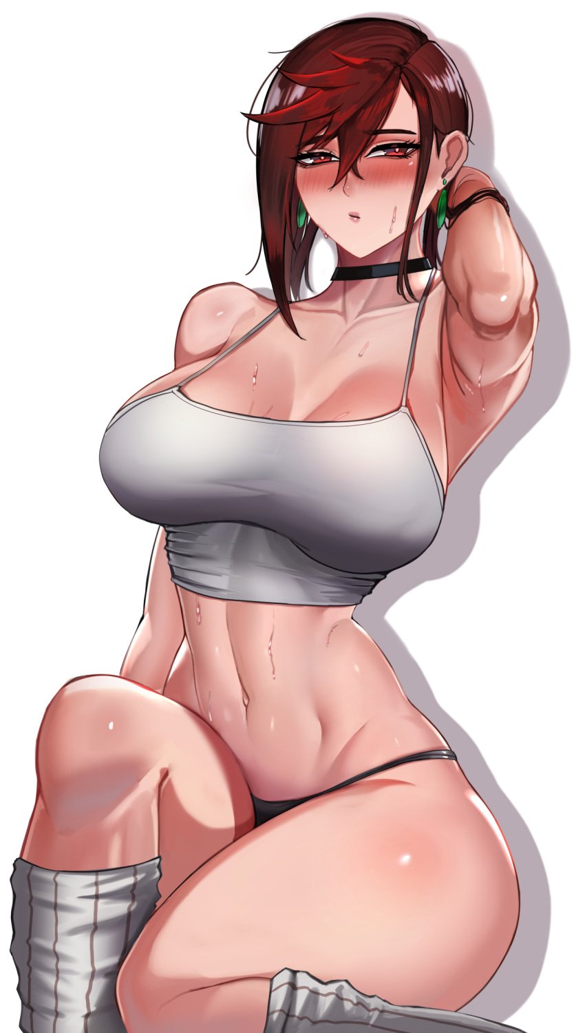 2024 ayase_momo badcompzero big_breasts blush clothed clothed_female dandadan earrings gyaru looking_at_viewer pale-skinned_female pale_skin pointy_chin red_eyes red_hair tagme thick_thighs white_background