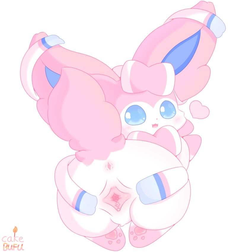 anus big_ears blue_eyes blush cakebufu canid canine eeveelution female feral generation_6_pokemon genitals hi_res mammal nintendo pink_nose pink_tail pokemon pokemon_(species) pussy solo sylveon tail white_body