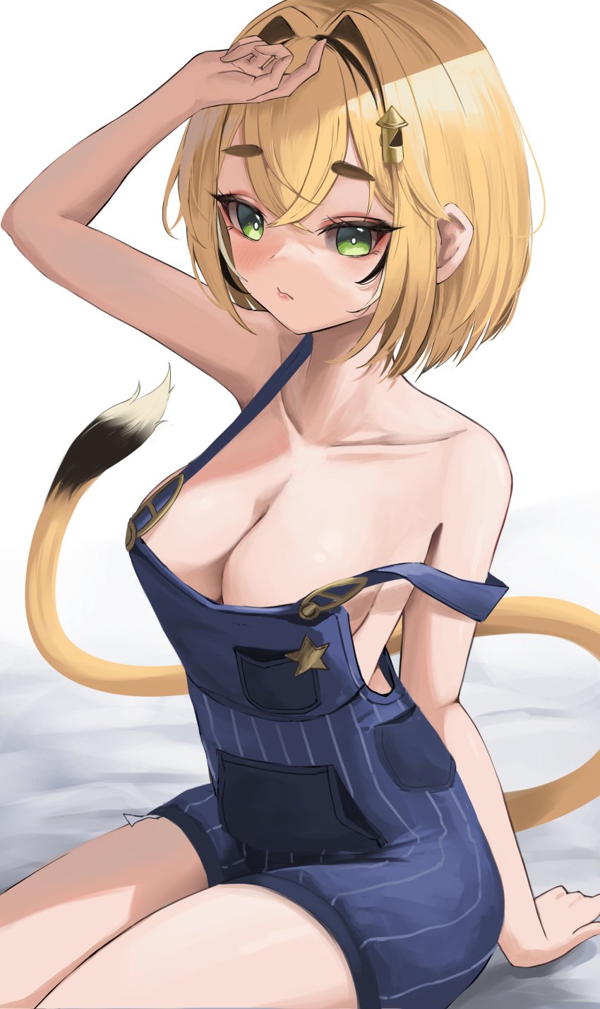 blonde_hair cleavage conductor_uniform dooby3d green_eyes hand_above_head hand_behind_back indie_virtual_youtuber jerboa jerboa_humanoid looking_at_viewer onzzy sideboob sitting strap_slip tail thick_thighs virtual_youtuber