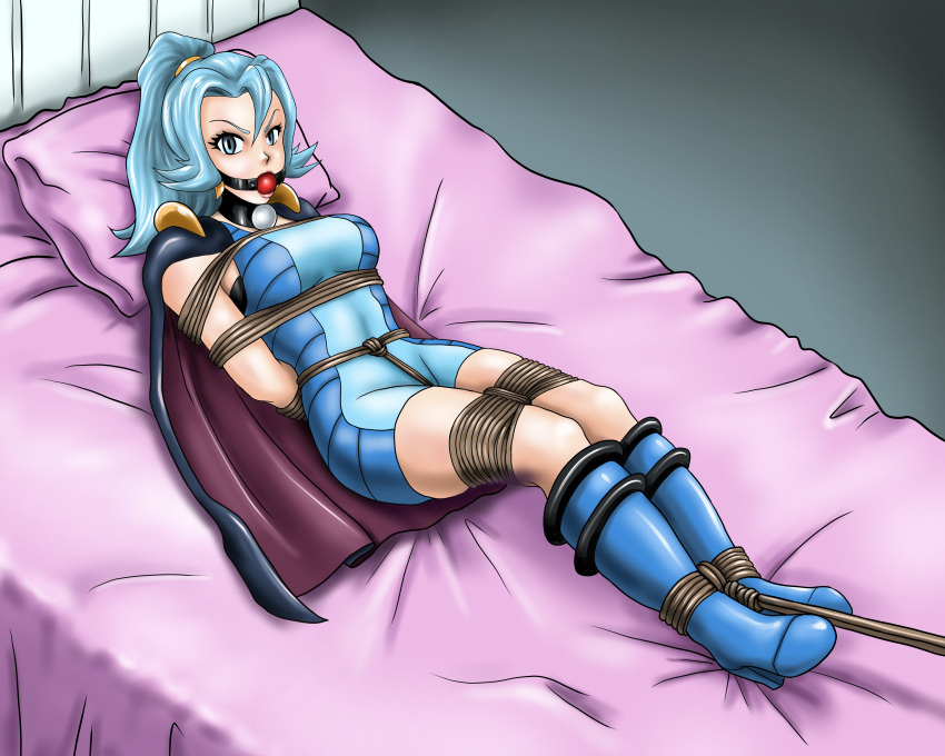 allthefantasies ball_gag bed blue_hair bondage bound clair_(pokemon) crotch_rope female female_only fully_clothed gag pillow png pokemon rope tight_clothing