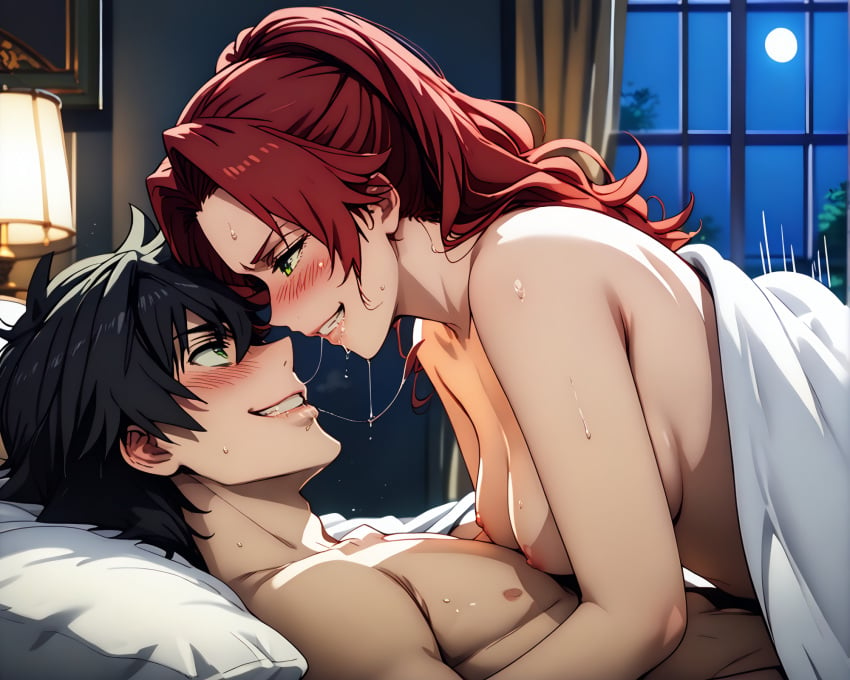 1boy 1girls after_kiss ai_generated black_hair blush completely_nude cowgirl_position cowgirl_position female green_eyes grin half-closed_eyes indoors iwatani_naofumi male malty_s_melromarc medium_breasts naughty_face night nipples on_bed phantom-art red_hair saliva saliva_trail sex straight tate_no_yuusha_no_nariagari teeth the_rising_of_the_shield_hero under_covers vaginal_penetration