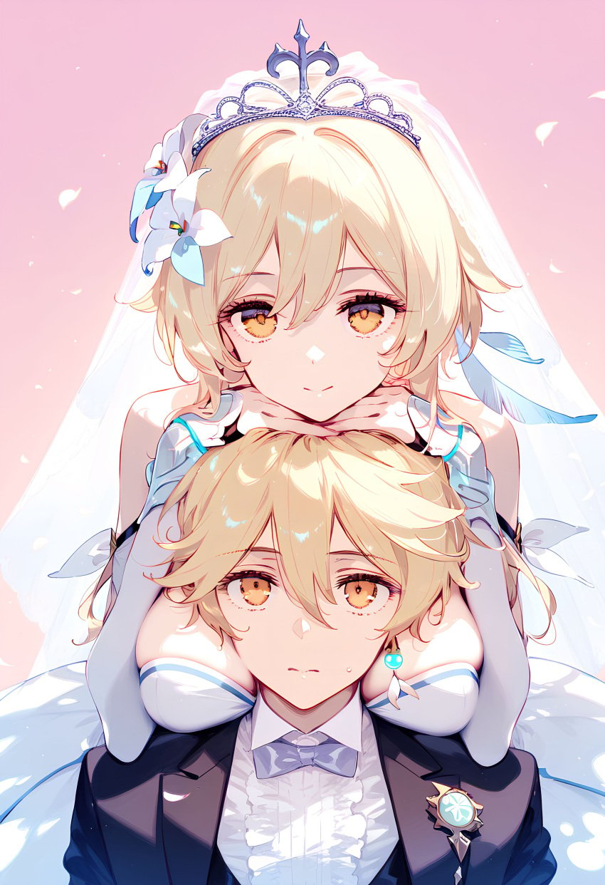 1boy 1girls aether_(genshin_impact) ai_generated blonde_hair brother_and_sister genshin_impact horny_female imminent_sex incest incest_marriage long_hair lumine_(genshin_impact) mihoyo straight wedding_dress