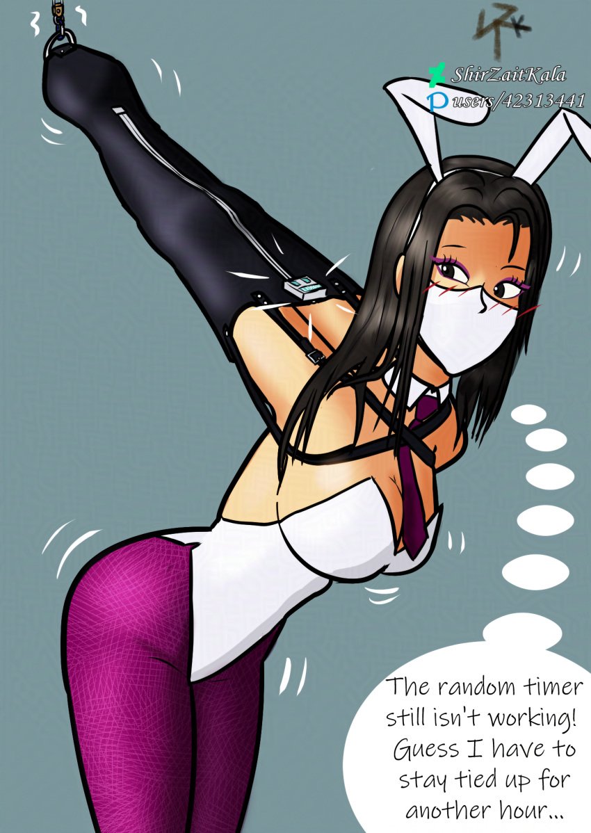 armbinder black_hair bondage bound bunny_ears bunny_girl bunnysuit english_text female female_only femsub fully_clothed png shirzaitkala strappado text thought_bubble tight_clothing