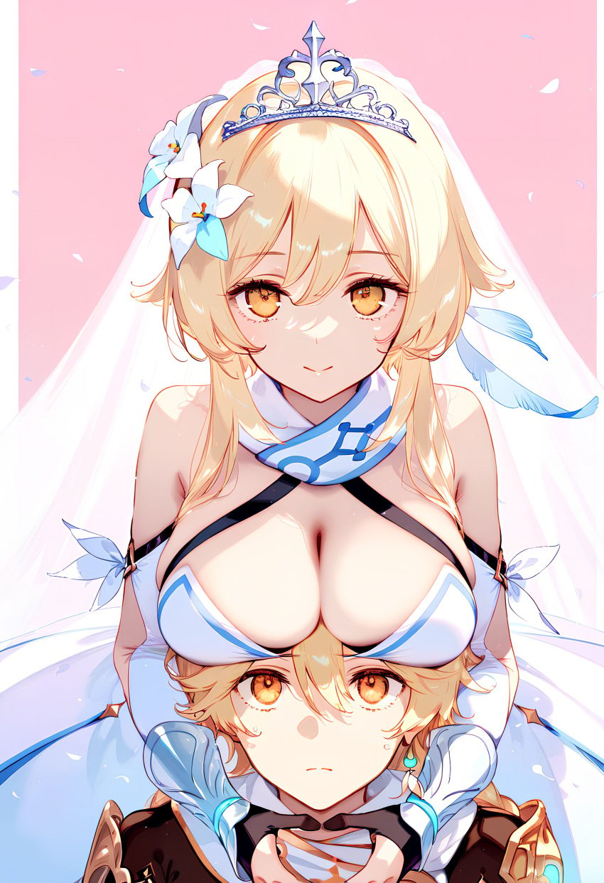 1boy 1girls aether_(genshin_impact) ai_generated blonde_hair brother_and_sister genshin_impact horny_female imminent_sex incest_marriage long_hair lumine_(genshin_impact) mihoyo straight wedding_dress