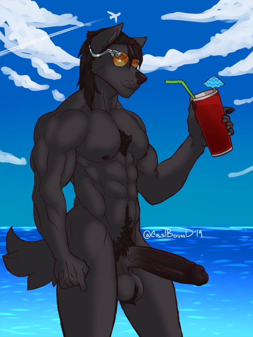 ball_tuft beach beverage big_penis canid canine canis castbound chest_tuft claws drink_umbrella erection eyewear furry highres humanoid_penis long_hair male male_only mammal muscular muscular_male nipples penis pubic_hair sea seaside solo straw sunglasses testicles thick_penis tuft water william_(castbound) wolf