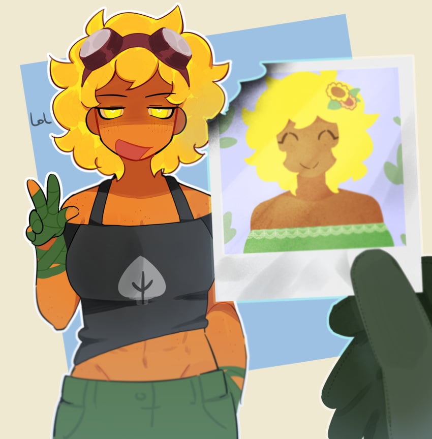 blonde_hair dark_skin freckles gijinka goggles meow_boop picture polaroid solar_flare_(pvz) sunflower_(pvz) text yellow_eyes