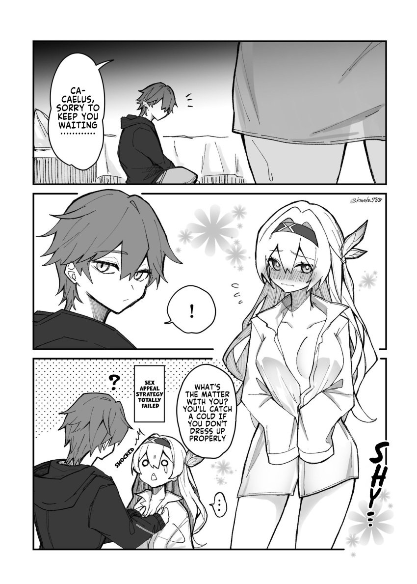 1boy 1girls artist_request blush breasts caelus_(honkai:_star_rail) cleavage comic cute dialogue embarrassed female firefly_(honkai:_star_rail) funny honkai:_star_rail honkai_(series) hoyoverse male shirt shirt_only