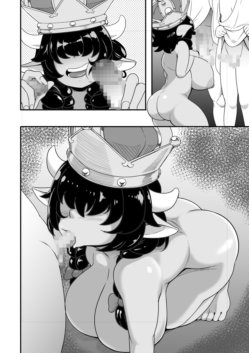 1girls 2boys big_ears black_hair braided_hair brie_oc comic completely_nude cow_horns crown fellatio goblin_ears goblin_female grayscale hair_over_eyes handjob hanging_breasts huge_breasts penis_awe penis_on_face queen sg4xdabtlvfnwbr shortstack size_difference throne