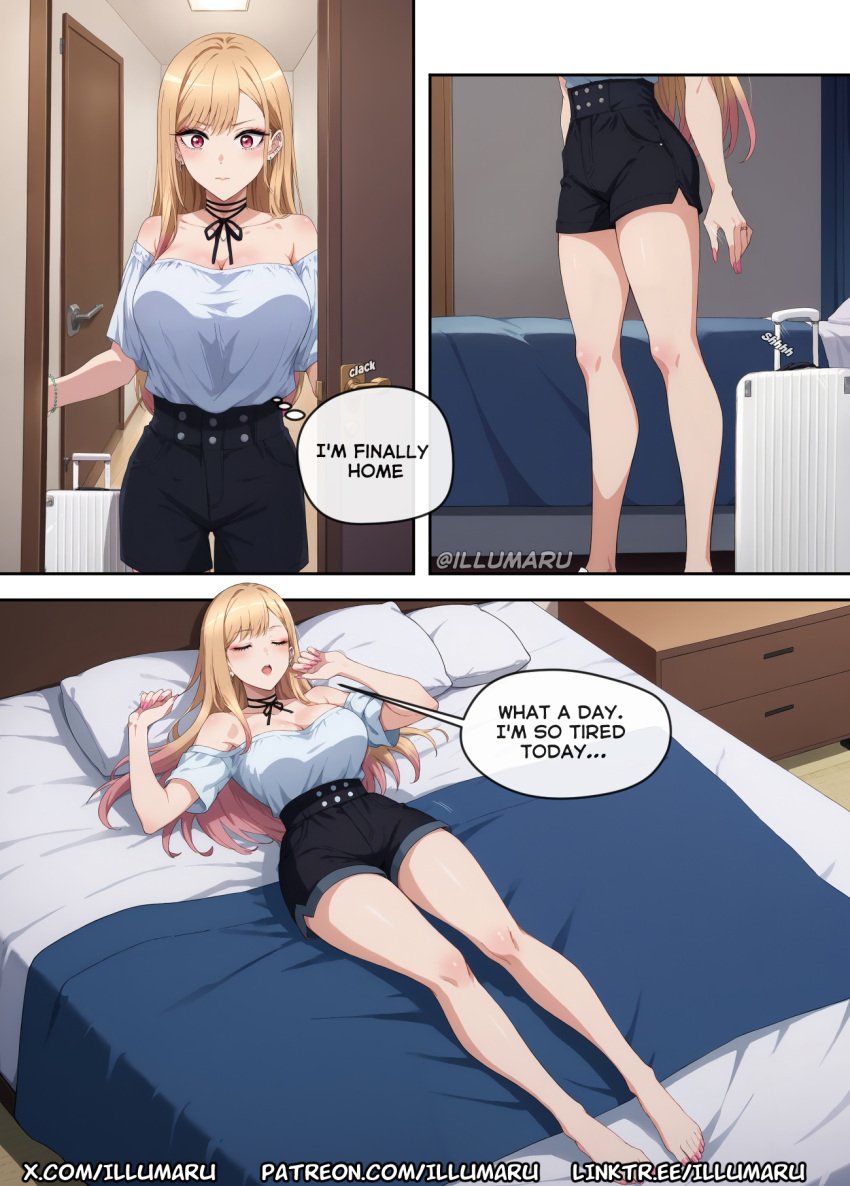 1boy 1boy1girl 1girls 2024 ai_assisted ai_generated bedroom breasts comic detailed doujinshi english_text female female_focus front_view gojou_wakana hi_res illumaru kitagawa_marin manga sono_bisque_doll_wa_koi_wo_suru sound_effects stable_diffusion text thighs webcomic