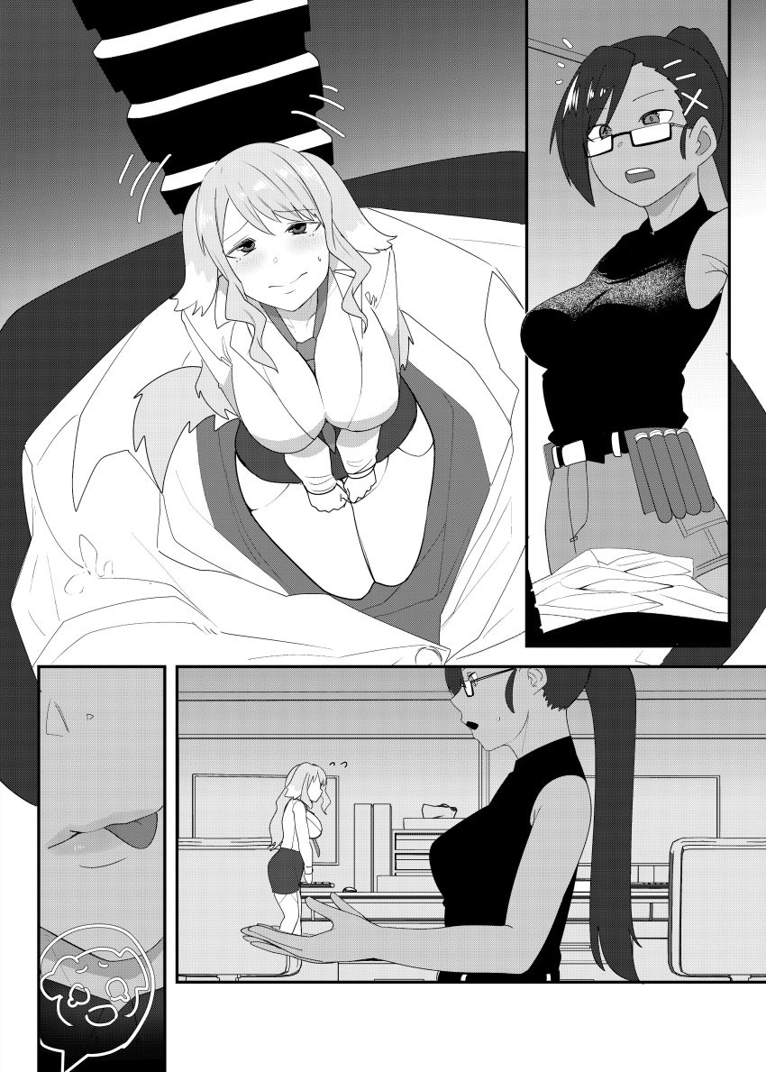 2girls big_breasts cleavage_overflow comic commission dog_ears dog_girl glasses large_breasts licking_lips macro minigirl office_lady original ponytail shrink shrunken_woman sinobgm_108 skeb_commission sleeveless_short third-party_source yuri