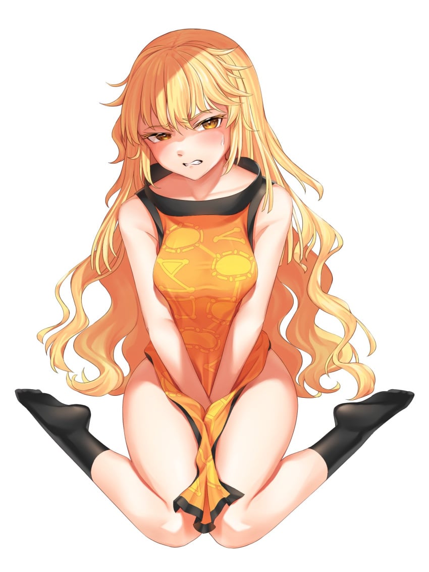 1girls annoyed big_breasts blonde_hair c_i_an clenched_teeth large_breasts long_hair looking_at_viewer naked_tabard okina_matara sitting socks sweat touhou wariza wavy_hair yellow_eyes