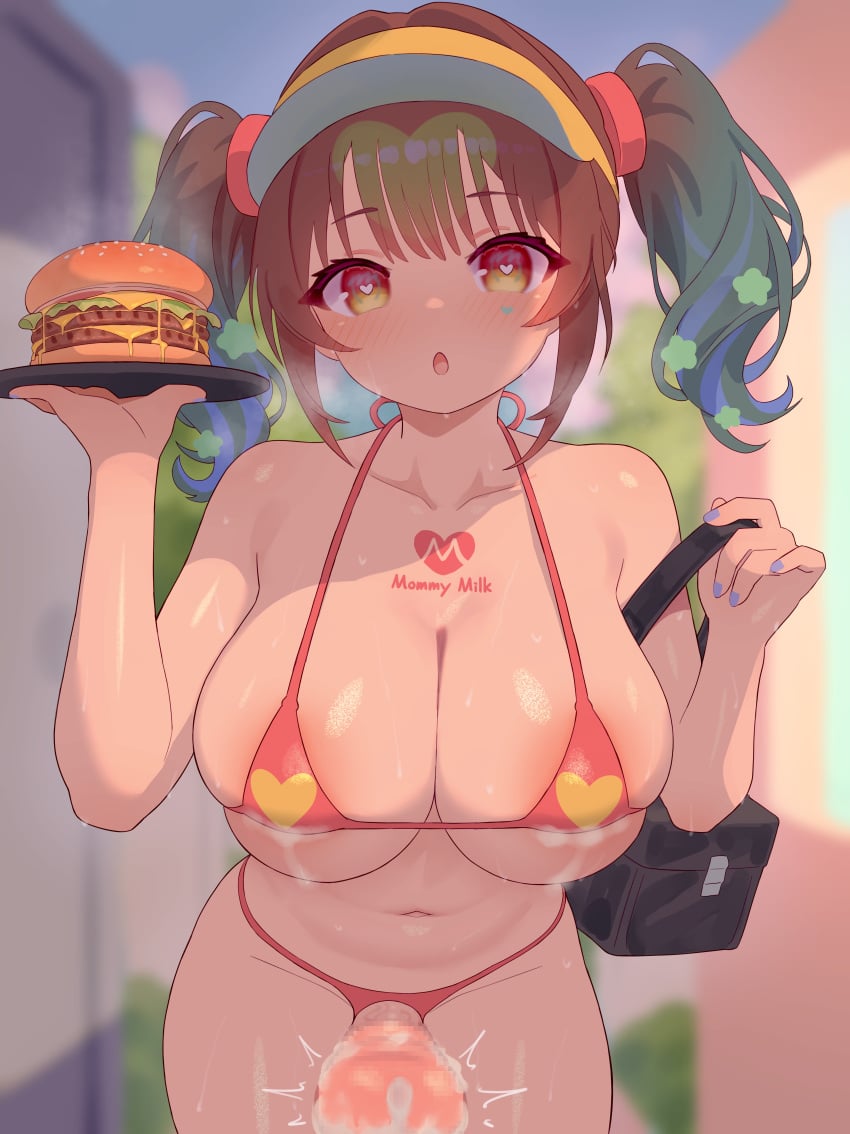 1futa absurdres bare_arms bare_shoulders big_breasts big_penis bikini blurry blurry_background blush breasts brown_hair burger censored chest_tattoo chestnut_mouth cleavage clothed clothing commentary cowboy_shot crotchless crotchless_bikini cum cum_on_body cum_on_penis double_cheese_(mcdonald's) erection female food front_view futa_only futanari heart heart-shaped_pupils heart_tattoo highres human large_breasts light-skinned_futanari light_skin looking_at_viewer mcdonald's medium_hair micro_bikini mosaic_censoring mostly_nude navel nozora_yuzu original paid_reward_available parted_lips penis penis_out red_bikini solo standing steaming_body sweat swimsuit symbol-shaped_pupils tattoo throbbing_penis twintails twitching_penis two-tone_eyes variant_set