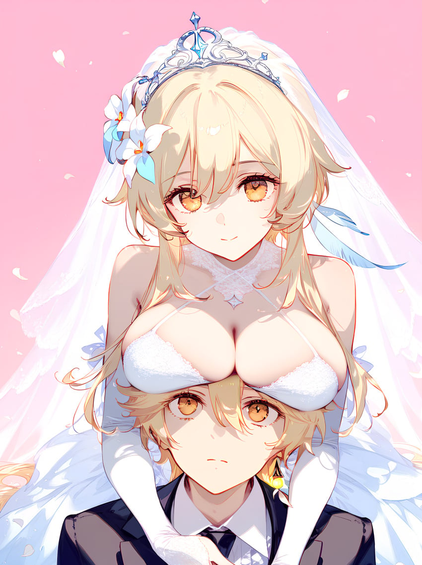 1boy 1girls aether_(genshin_impact) ai_generated blonde_hair brother_and_sister genshin_impact horny_female imminent_sex incest incest_marriage long_hair lumine_(genshin_impact) mihoyo straight wedding_dress