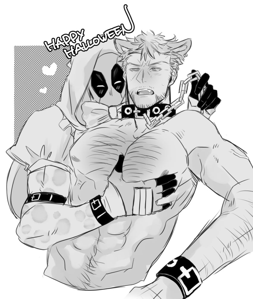 2boys big_bad_wolf_(cosplay) chain_leash collar cosplay dandw_724 deadpool deadpool_&_wolverine_(2024) gay hairy halloween_costume hood_up large_pectorals leash little_red_riding_hood_(copyright) little_red_riding_hood_(cosplay) male male/male marvel marvel_comics mask mutant_(marvel) mutate_(marvel) nipples open_mouth pectoral_grab pectorals wolf_ears wolverine_(x-men) x-men yaoi