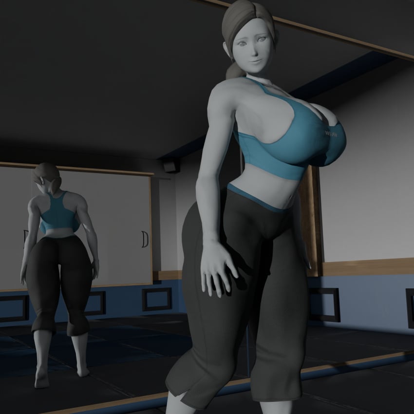 3d 3d_(artwork) grey_hair huge_ass huge_breasts isquashyou looking_at_viewer mirror_reflection smile white_body wide_hips wii_fit_trainer