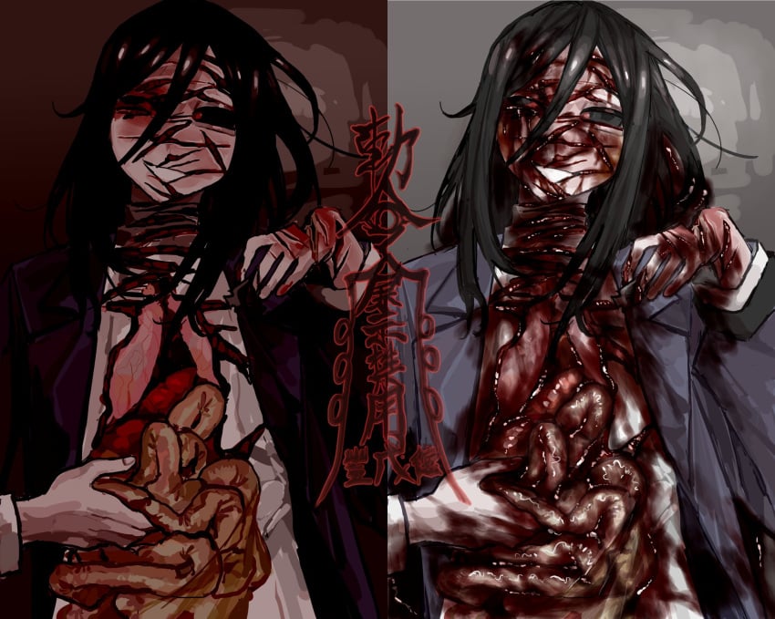 black_eyes black_hair blood blood_on_face blue_jacket cuts female grin guro highres injury intestines jacket lungs organs original severed_head smile solo teeth wuwuren