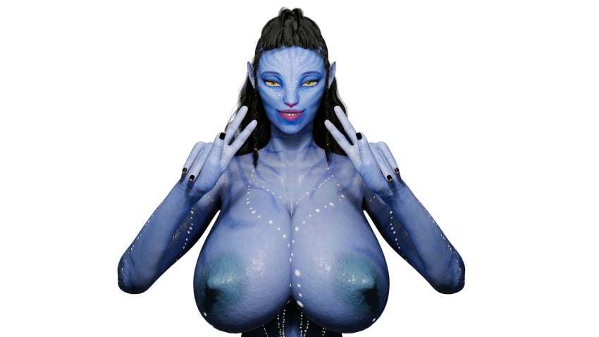 alien alien_girl alien_humanoid artist_request avatar avatar:_the_way_of_water bedroom_eyes big_breasts big_nipples black_hair blue_body blue_skin fit fit_female huge_breasts larger_female lipstick looking_at_viewer makeup na'vi naked nude peace_sign pink_lipstick seductive seductive_eyes seductive_look seductive_smile slut smilin smiling smiling_at_viewer topless v_sign white_background whore whore_eyes yellow_eyes