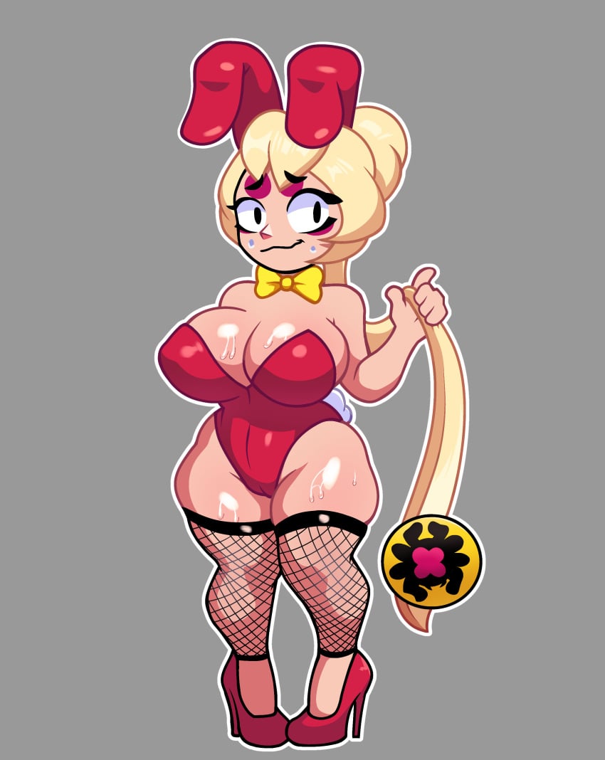 1girls big_breasts blonde_hair brawl_stars bunny_ears bunny_girl bunny_tail bunnysuit charlie_(brawl_stars) costume female female_focus female_human female_only fishnet_legwear fishnet_stockings fishnets halloween high_heels highres kiwines12_(artist) large_ass large_breasts nervous nervous_smile red_clothing red_heels smile smiling solo solo_female sweat tight_clothing yo-yo