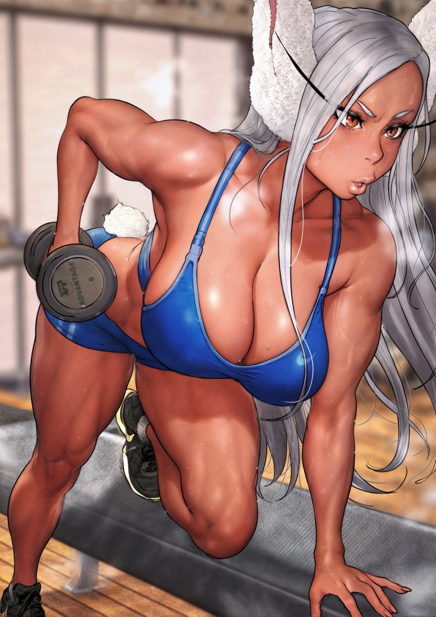 absurdres animal_ears b_0_rukia blurry blurry_background boku_no_hero_academia breasts cleavage dark-skinned_female dark_skin exercising female highres lips long_eyelashes miruko muscular muscular_female my_hero_academia parted_bangs rabbit_ears rabbit_girl rabbit_tail rumi_usagiyama shoes sneakers solo sportswear sweat tail thick_thighs thighs toned weightlifting weights