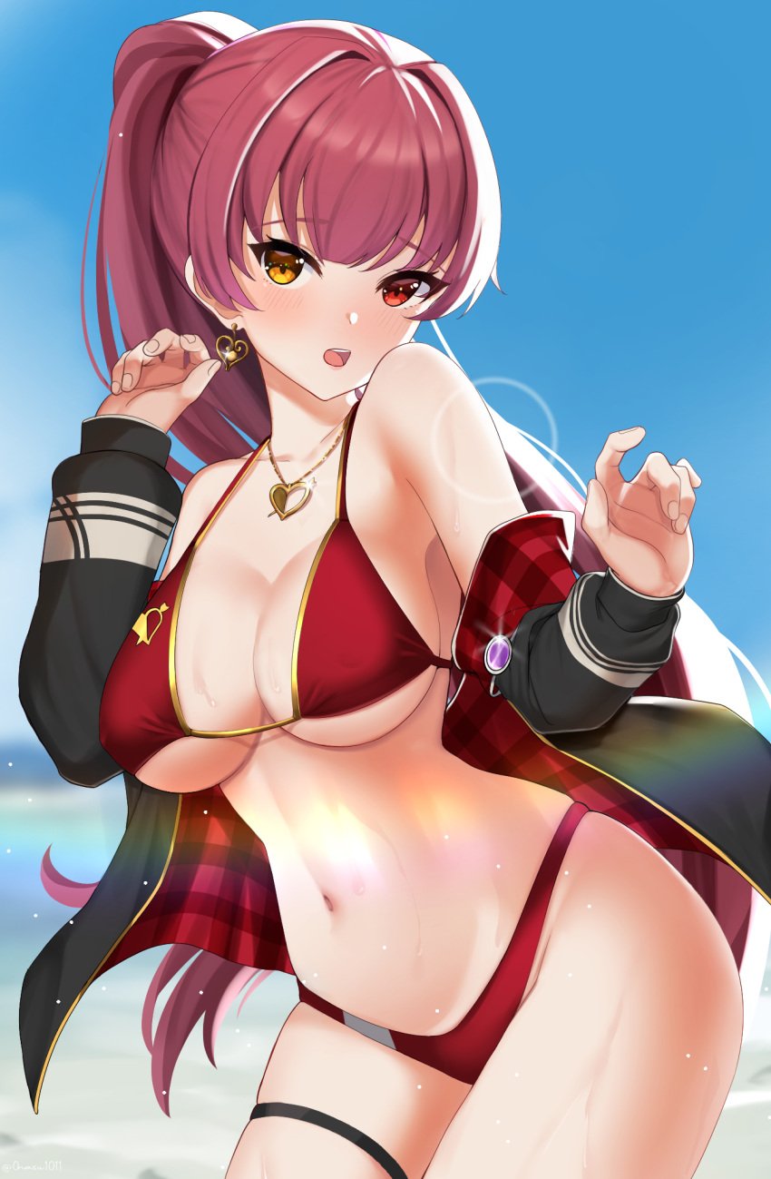 1girls arm_up belly belly_button bikini bikini_bottom bikini_top black_coat black_jacket black_thighband black_topwear blue_background blue_sky blurred_background blurry_background blush blush_face blushed_face blushing_at_viewer blushing_face blushing_female breasts busty busty_female busty_girl cleavage coat collarbone day daylight daytime dot_nose earrings embarrassed embarrassed_exposed_female embarrassed_expression embarrassed_female eyebrows_visible_through_hair female female_focus female_naked female_only fingernails fingers groin hair_between_eyes half_naked half_nude hand_up head_tilt heterochromia high_resolution highres hololive hourglass_figure houshou_marine houshou_marine_(summer) jacket large_breasts lean_body lean_figure legs legs_closed legs_together light-skined_female light-skinned light-skinned_female light_skin light_skin_female light_skinned light_skinned_female long_hair looking_at_viewer naked naked_female naked_woman narrow_waist nassss navel necklace nude nude_female nudity open_coat open_jacket open_mouth open_topwear outdoor outdoor_nudity outdoors outside parted_lips partially_naked ponytail pussy red_bikini red_bikini_bottom red_bikini_top red_hair red_hair_female red_string_bikini red_swimsuit red_swimwear semi_nude shoulders sideboob simple_background sky slender_body slender_waist slim_girl slim_waist smooth_skin solo standing string_bikini swimsuit swimwear thick_thighs thighband thighs thin_waist tilted_head tongue topwear upper_body upper_teeth v-line wide_hips yellow_eyes yellow_eyes_female