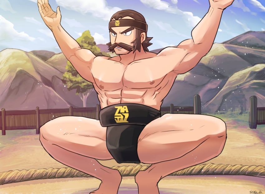 balls bara bulge facial_hair flaccid kamado_(pokemon) male male_only moustache muscles muscular nintendo penis pokemon pokemon_legends:_arceus sawa-da solo solo_male spread squatting