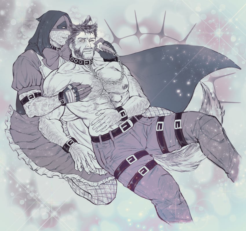 beard big_bad_wolf_(cosplay) chain_leash chains crossdressing deadpool deadpool_&_wolverine_(2024) duya fishnets gay hairy hairy_male large_pectorals little_red_riding_hood_(copyright) little_red_riding_hood_(cosplay) logan_(x-men) marvel marvel_cinematic_universe marvel_comics mask muscular_male mutant_(marvel) mutate_(marvel) nipples pectoral_grab wade_wilson wolf_ears wolf_tail wolverine_(x-men) x-men yaoi