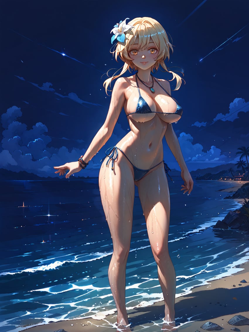 absurd_res ai_generated beach bikini breasts genshin_impact lumine_(genshin_impact) micro_bikini ministro night ocean