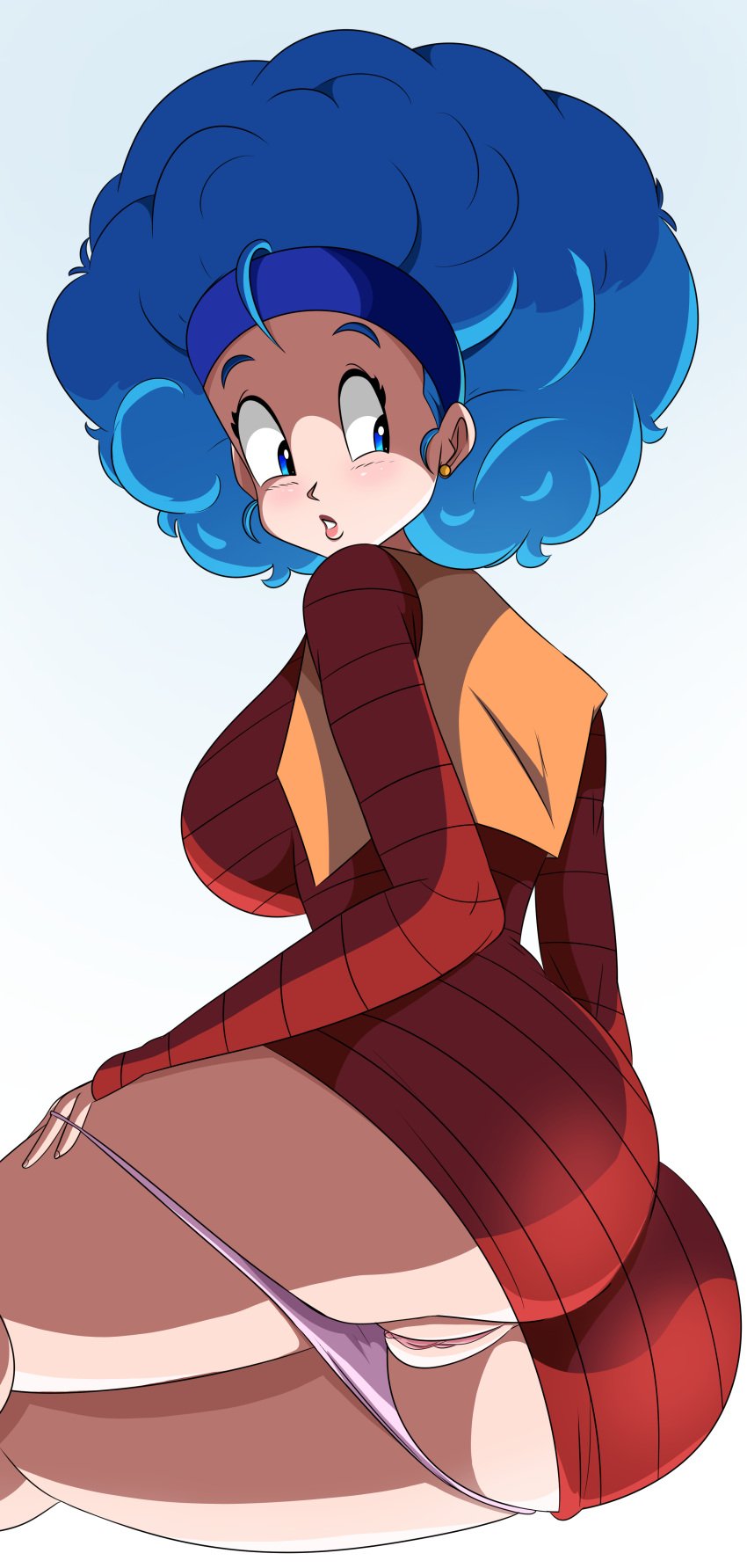 1girls afro ass ass big_breasts blue_eyes blue_hair bulma_(afro) bulma_briefs curvy_ass dragon_ball dragon_ball_z earrings female female female_only highres panties pussy solo solo_female solo_focus sonson-sensei tagme