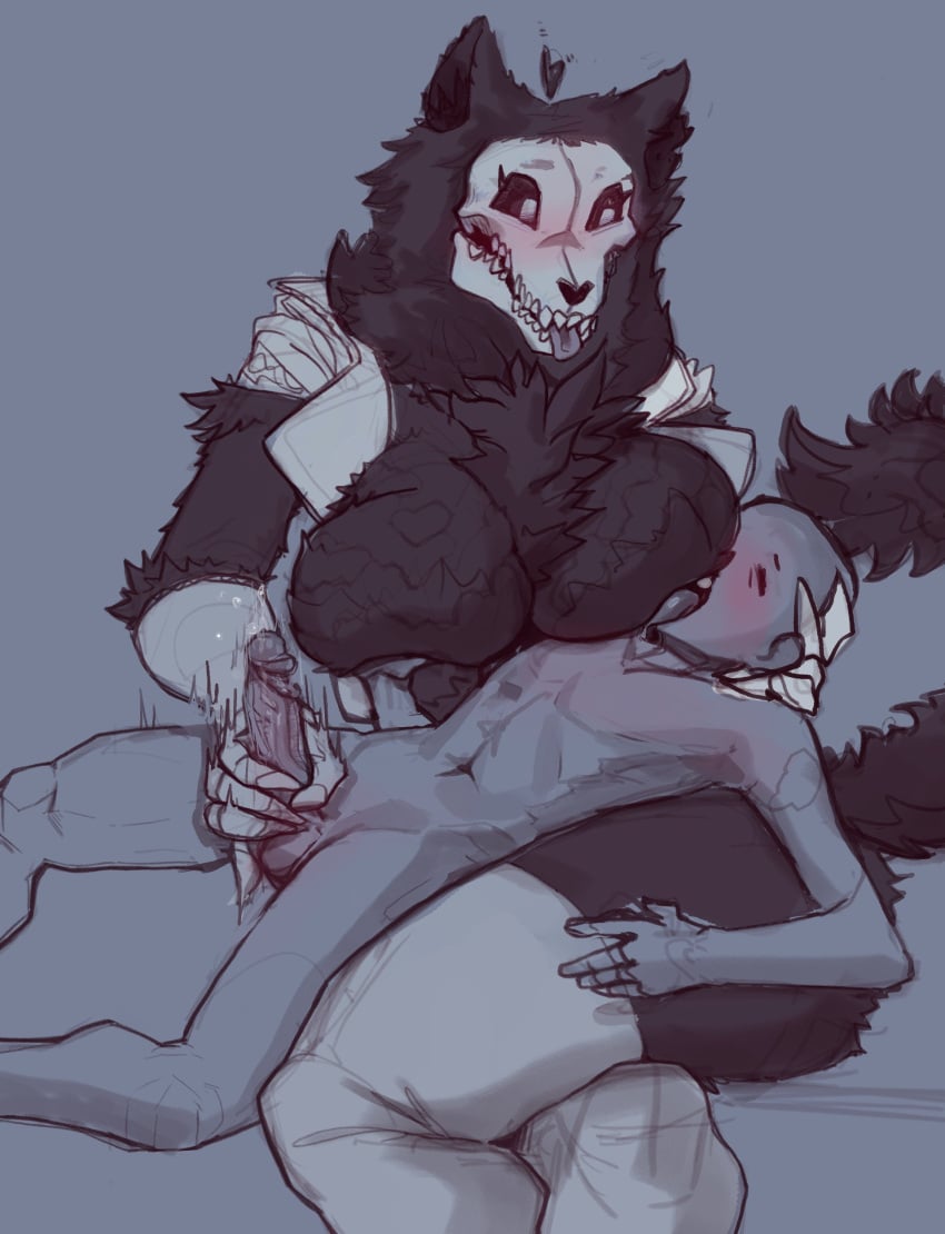 1boy 1girls breast_sucking curvy_female dominant_female feyhearts furry gloves handjob human_on_anthro mal0 malo scp-1471 scp-1471-a scp_foundation skull_head voluptuous_female