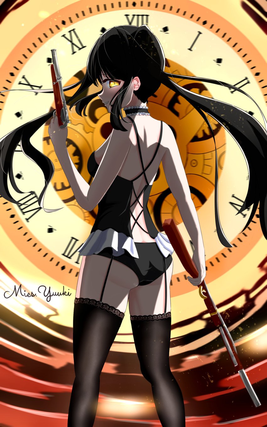 2d 2d_(artwork) ass ass_focus black_hair breasts clock clock_eyes date_a_live gun heterochromia light-skinned_female lingerie long_hair medium_breasts miss_yuki red_eyes sideboob socks solo solo_female thighs tokisaki_kurumi twintails