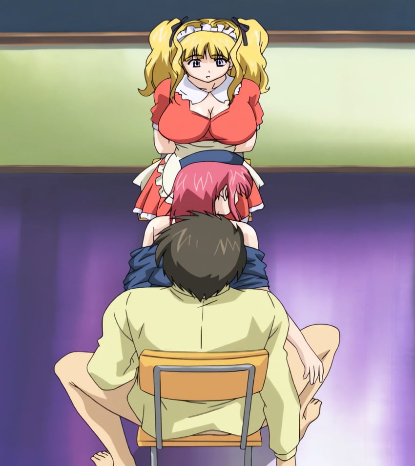 1boy 2girls alternate_hairstyle arms_behind_back barefoot bent_over big_breasts blonde_hair blue_eyes boin boin_lecture bondage bottomless bound breasts brown_hair busty chair classroom cleavage closed_eyes clothes_pull feet female highres iihara_nao imminent_penetration large_breasts leaning_forward legs long_hair looking_at_viewer male multiple_girls parted_lips pink_hair short_hair sitting skirt stitched surprised teacher thighs third-party_edit tsukushino_mitsugu twintails voluptuous waitress