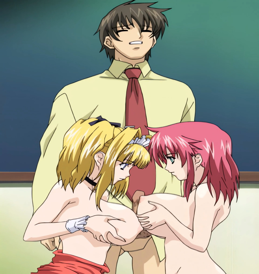 1boy 2girls alternate_hairstyle ass backboob big_breasts blonde_hair blue_eyes boin boin_lecture bottomless breast_press breasts brown_hair busty clenched_teeth closed_eyes double_paizuri female from_side grabbing_own_breast green_eyes hair_ribbon highres iihara_nao kneeling legs long_hair male multiple_girls necktie nipples nude paizuri pink_hair ribbon sideboob skirt stitched teacher teamwork teeth thighs third-party_edit topless tsukushino_mitsugu twintails voluptuous waitress