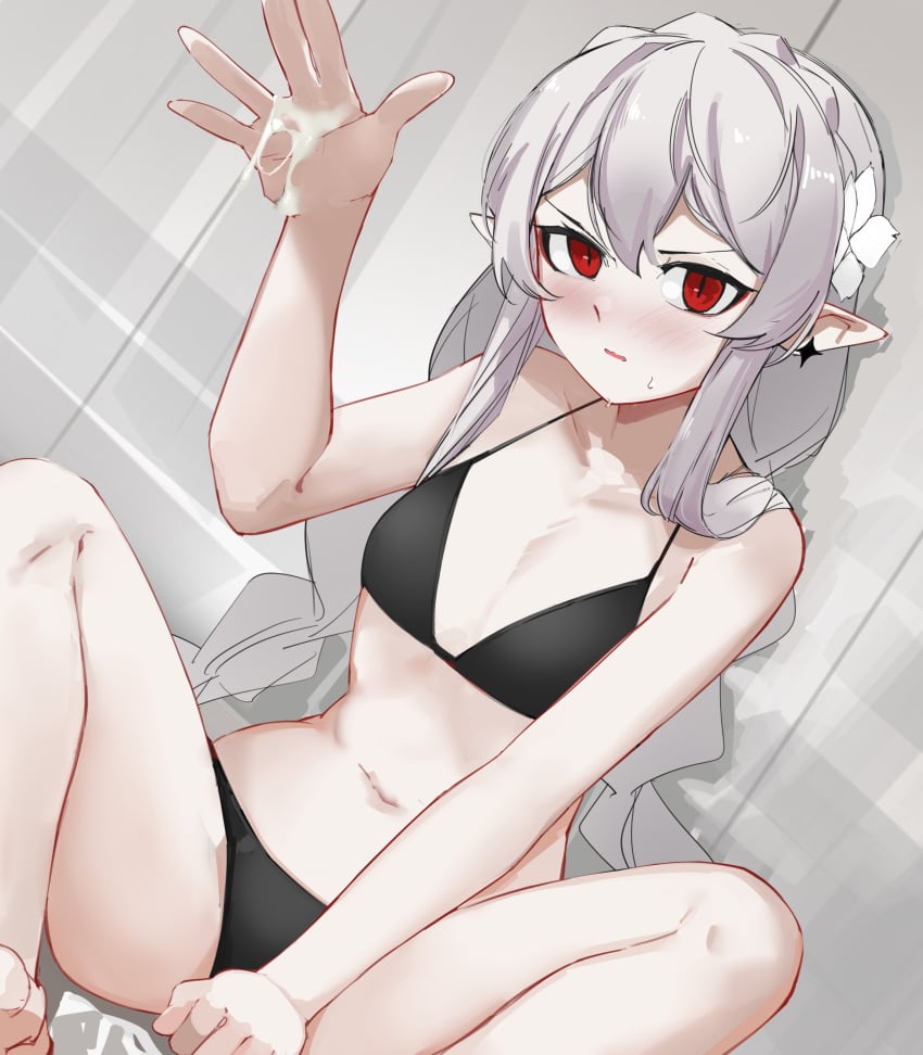 absurdres ao_oni_(onioni-aoi) arknights arm_up bikini black_bikini blush breasts commentary_request cum cum_on_body cum_on_hands earrings female flower frown grey_hair hair_flower hair_ornament highres jewelry long_hair looking_at_viewer navel paid_reward_available parted_lips pointy_ears red_eyes sitting small_breasts solo sweatdrop swimsuit textless_version warfarin_(arknights) white_flower