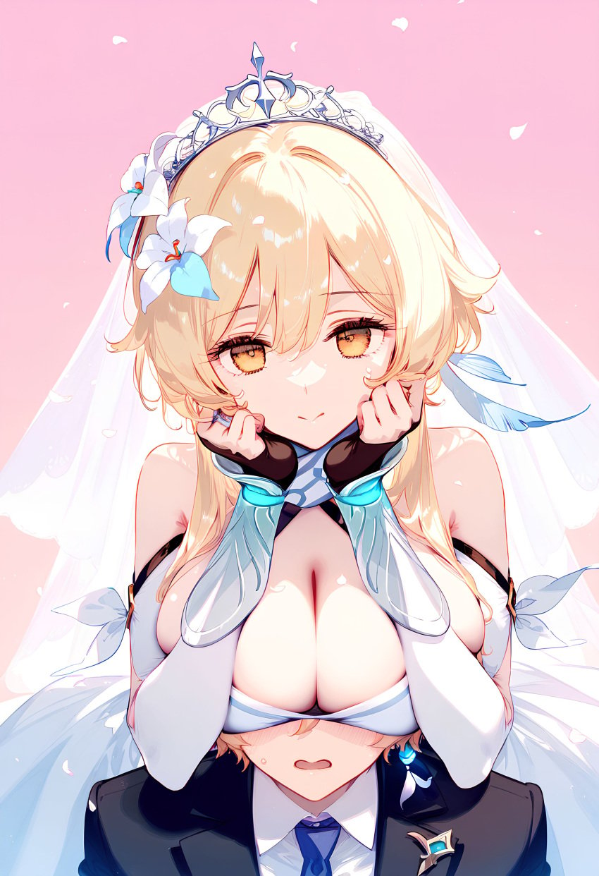 1boy 1girls aether_(genshin_impact) ai_generated blonde_hair brother_and_sister genshin_impact horny_female imminent_sex incest_marriage long_hair lumine_(genshin_impact) mihoyo straight wedding_dress