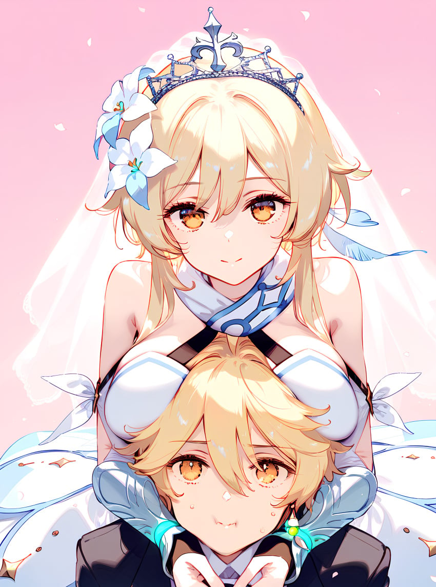 1boy 1girls aether_(genshin_impact) ai_generated blonde_hair brother_and_sister genshin_impact horny_female imminent_sex incest_marriage long_hair lumine_(genshin_impact) mihoyo straight wedding_dress