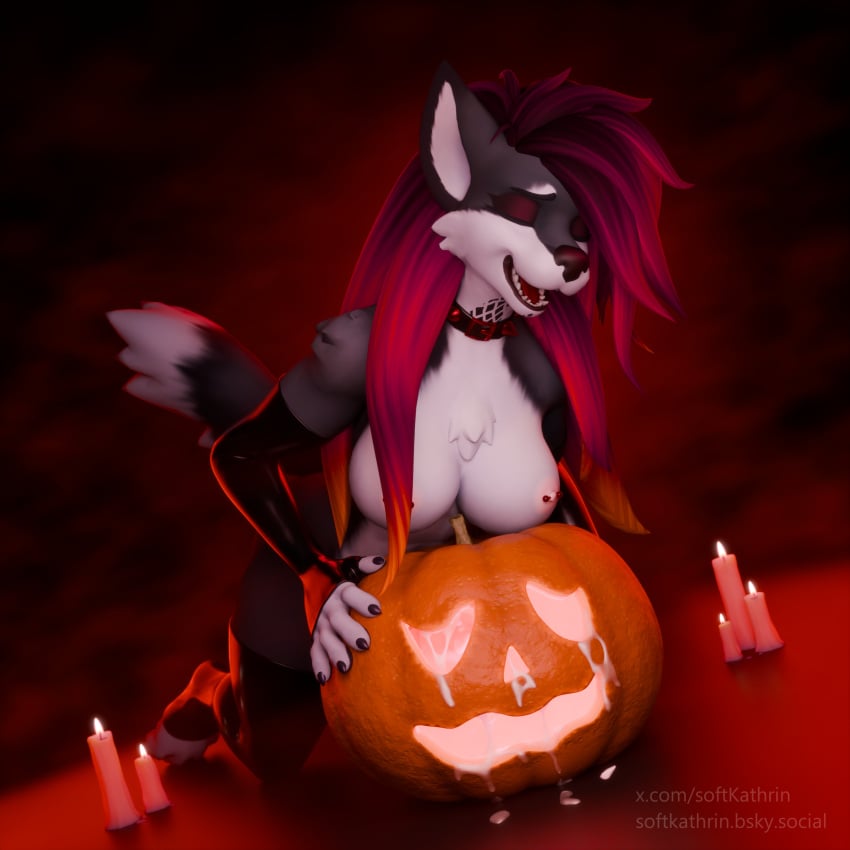 1:1 3d_(artwork) absurd_res alber anthro blender_(artwork) bodily_fluids breasts candle canid canine canis clothing collar cum cum_in_pumpkin cum_string digital_media_(artwork) eyeshadow fog food fruit genital_fluids gynomorph hair handwear helia_(softkathrin) hi_res hyenid_(species) intersex latex latex_clothing latex_handwear latex_legwear legwear looking_pleasured makeup mammal masturbation nipple_piercing nipples open_mouth piercing plant pumpkin pumpkin_masturbation red_eyeshadow red_hair softkathrin solo spiked_collar spikes tail tattoo teeth text url watermark wolf